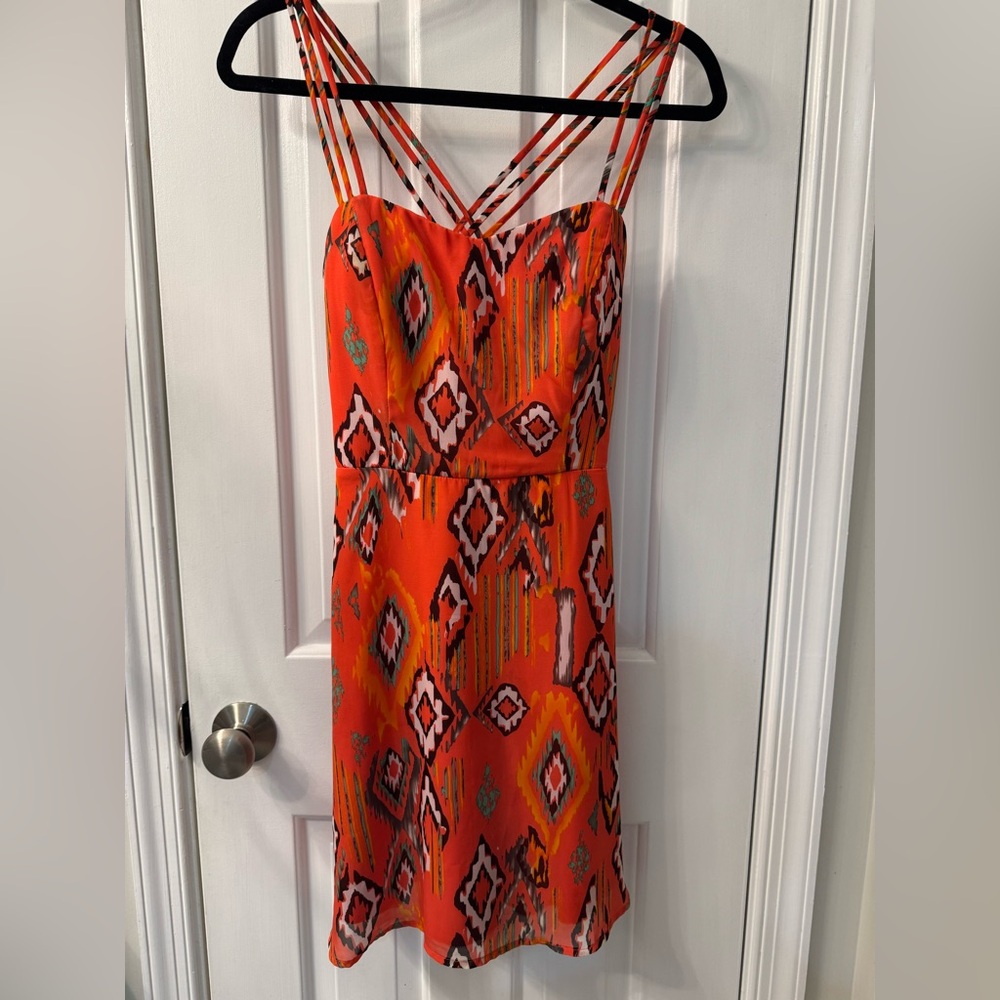 Vibrant Coral Orange Red Tribal Strappy Sundress Going Out Size 7